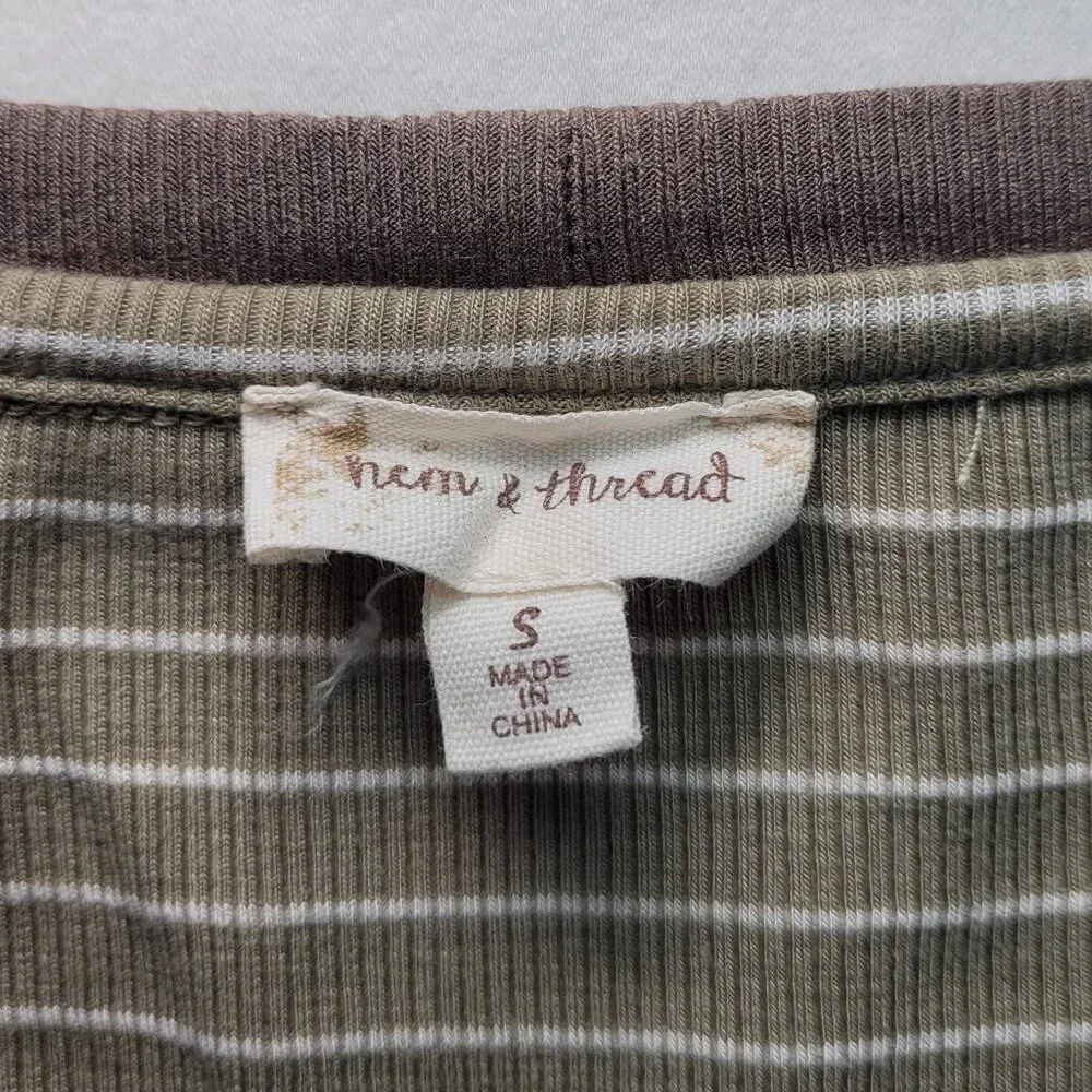 Hem & Thread Striped Ribbed Knit Top Raw Seam Long Sleeve Small Boho Gorpcore - Picture 5 of 9